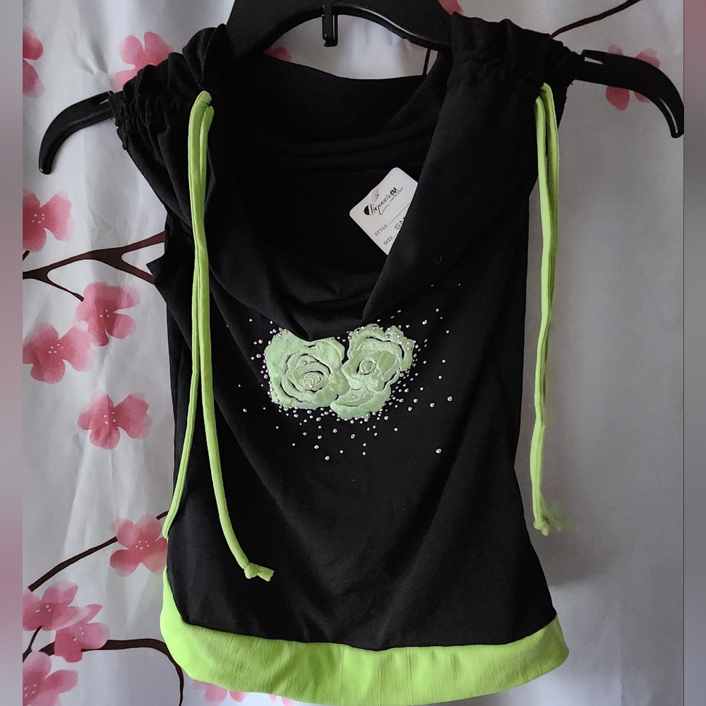 NWT Heidi Cliquer's Black Neon Green Rose Rhinestone Off Shoulder Tank Small